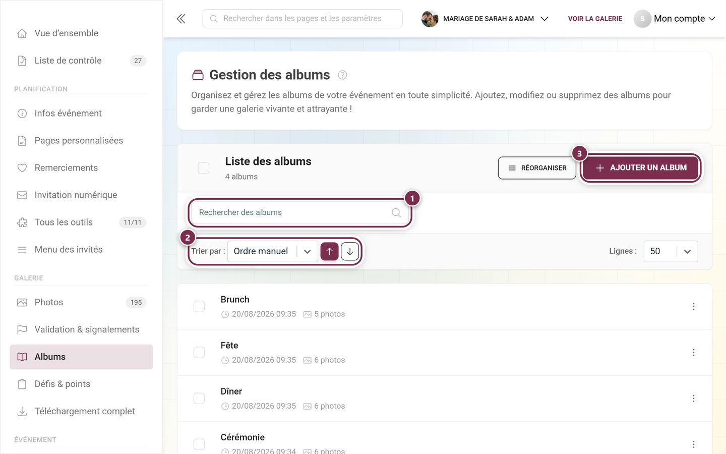 En-tête de la gestion des albums avec le champ de recherche, le tri et le bouton Ajouter un album mis en évidence