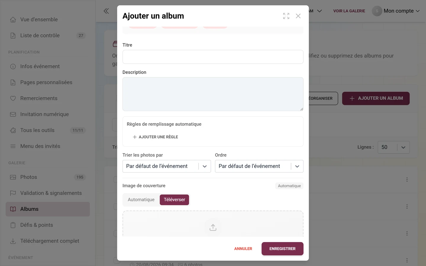 Boîte de dialogue d'album avec le bloc Règles de remplissage automatique et le bouton Ajouter une règle