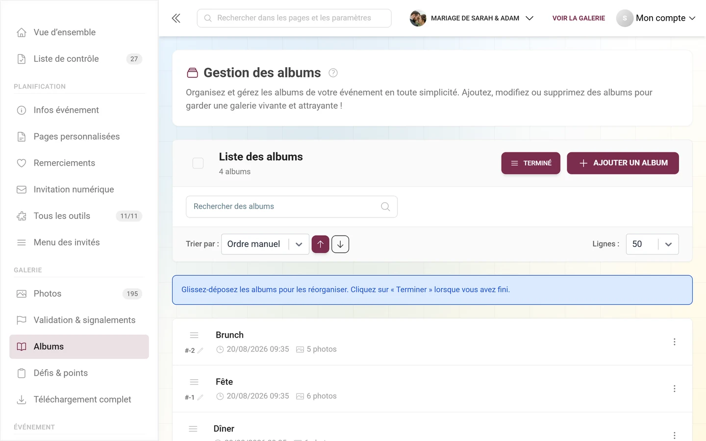 Gestion des albums en mode réorganisation avec l'indication de glisser-déposer et le bouton Terminer