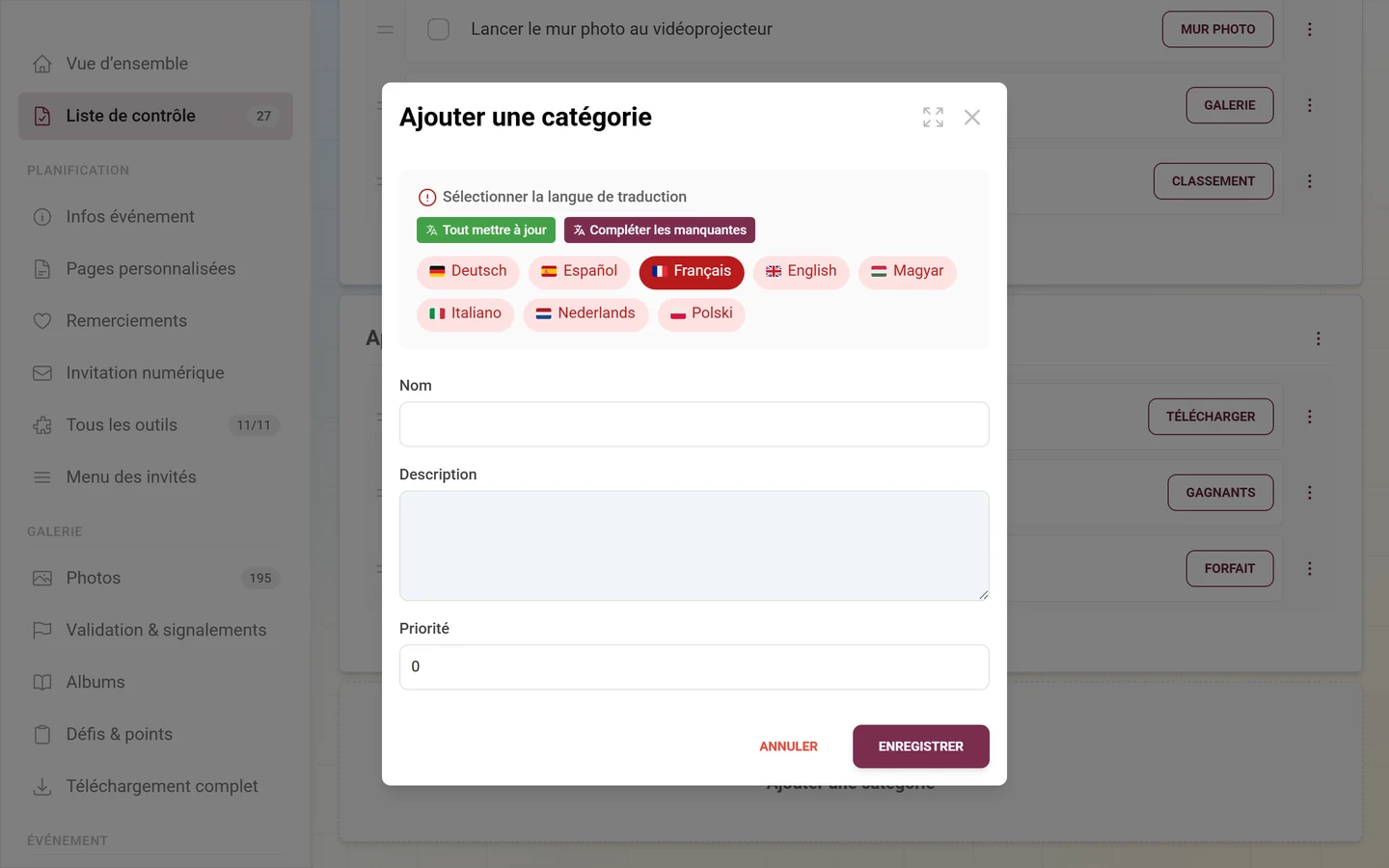 Boîte de dialogue Ajouter une catégorie avec choix de la langue, nom, description et priorité