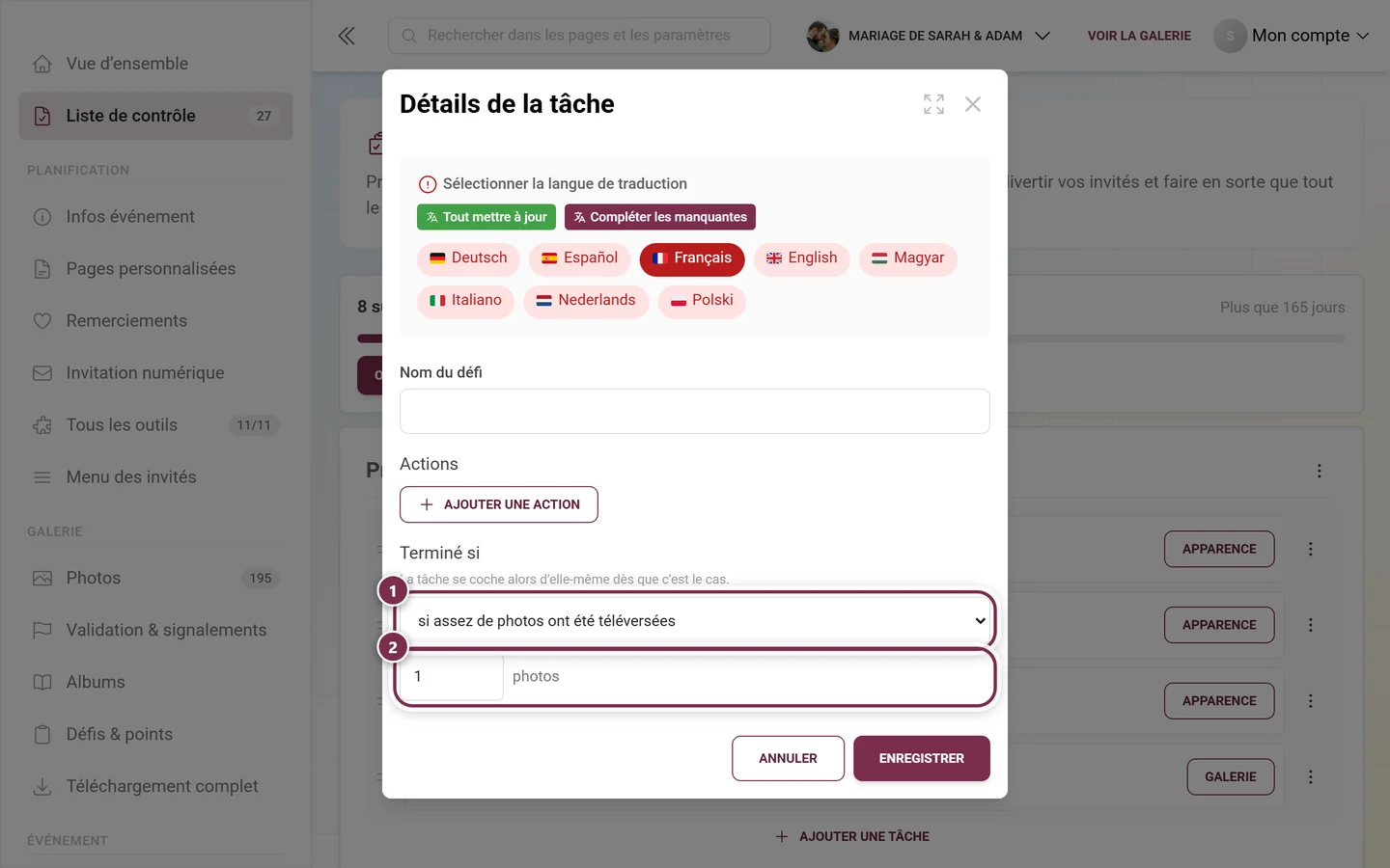 Boîte de dialogue Détails de la tâche avec le choix Terminé si et le champ numérique affiché
