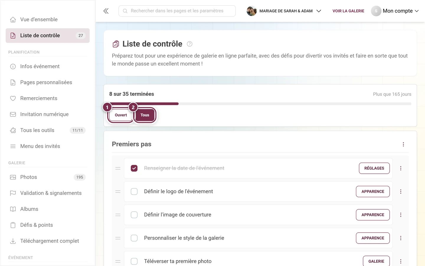 En-tête de la vue complète de la liste de contrôle avec les boutons de filtre Ouvert et Tous mis en évidence