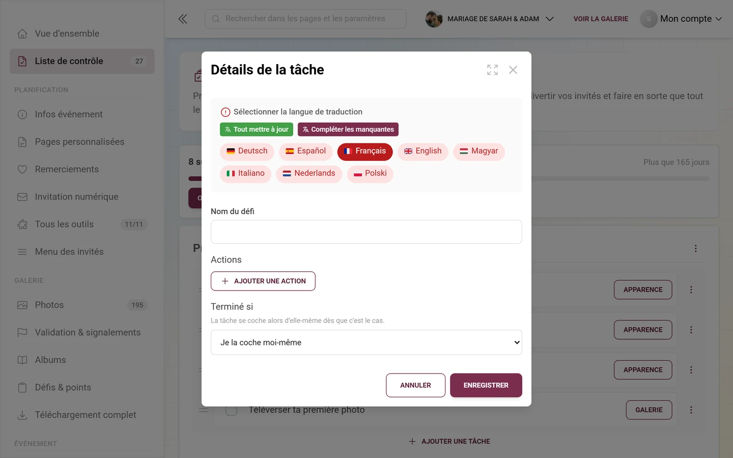 Boîte de dialogue Détails de la tâche avec choix de la langue, nom du défi, Ajouter une action et le choix Terminé si