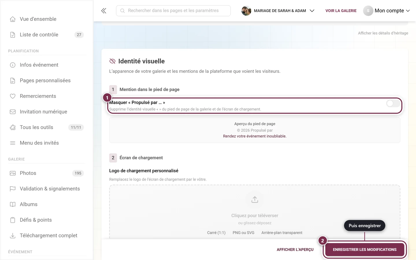 Section Mention dans le pied de page avec le commutateur et la barre d'enregistrement mis en évidence