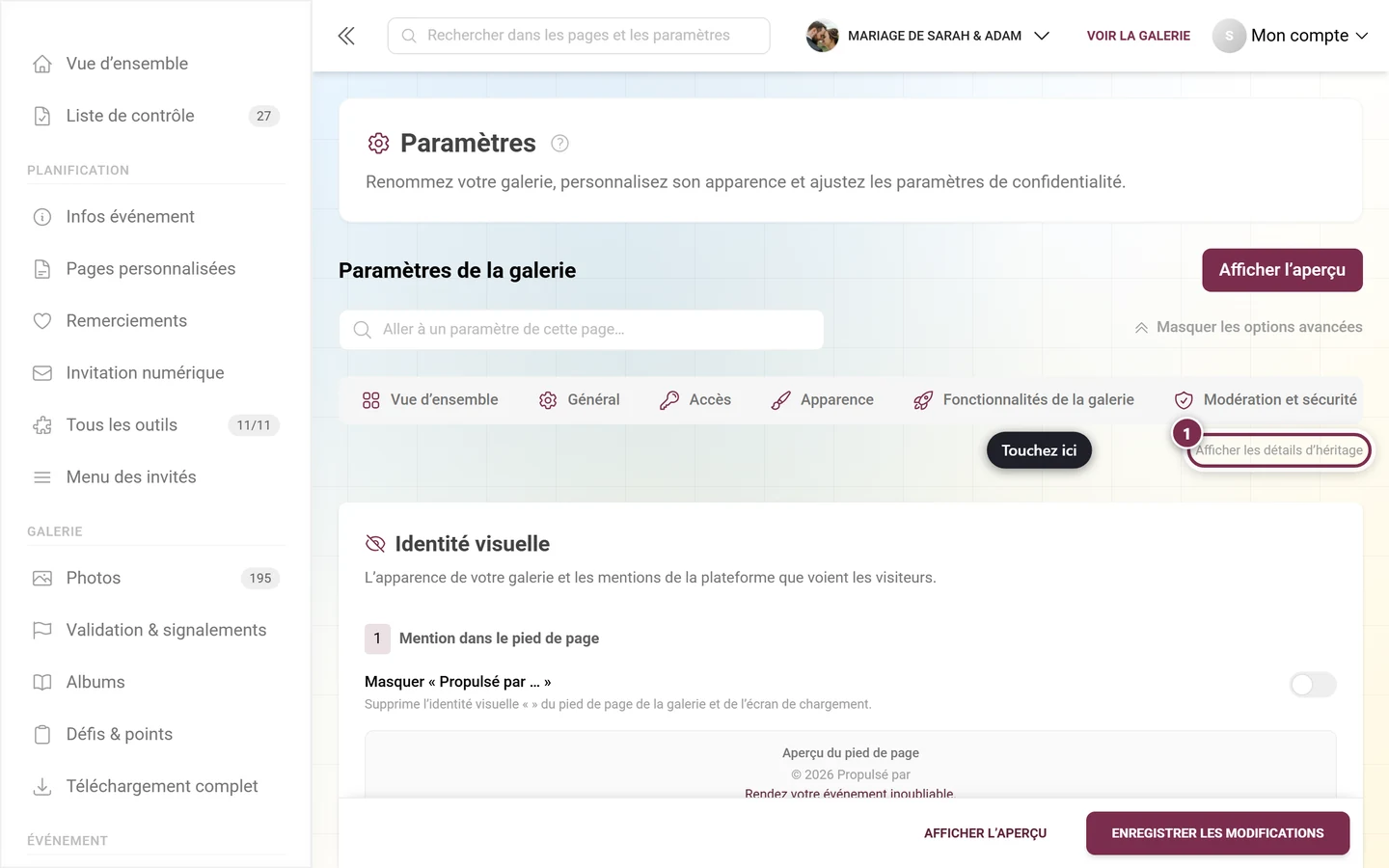 Onglet White-Label avec le commutateur des détails d'héritage mis en évidence