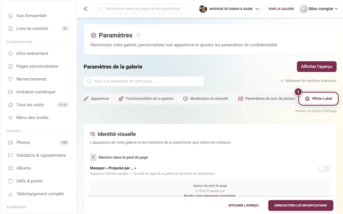 Barre d'onglets des paramètres avec l'onglet White-Label mis en évidence