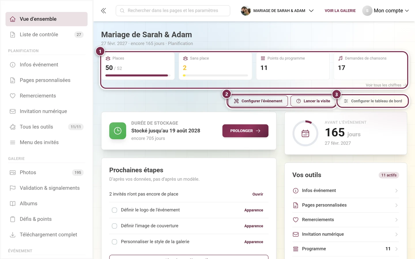 Tableau de bord admin avec les boutons Configurer l'événement, Lancer la visite et Configurer le tableau de bord ainsi que la carte Prochaines étapes