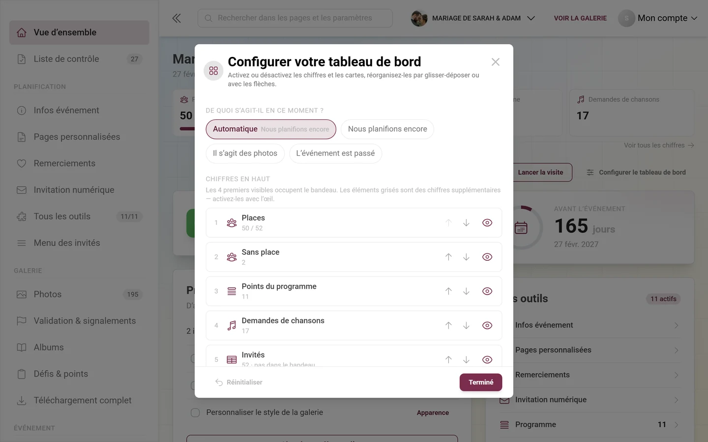 La boîte de dialogue « Configurer le tableau de bord » avec la phase, les chiffres et les cartes