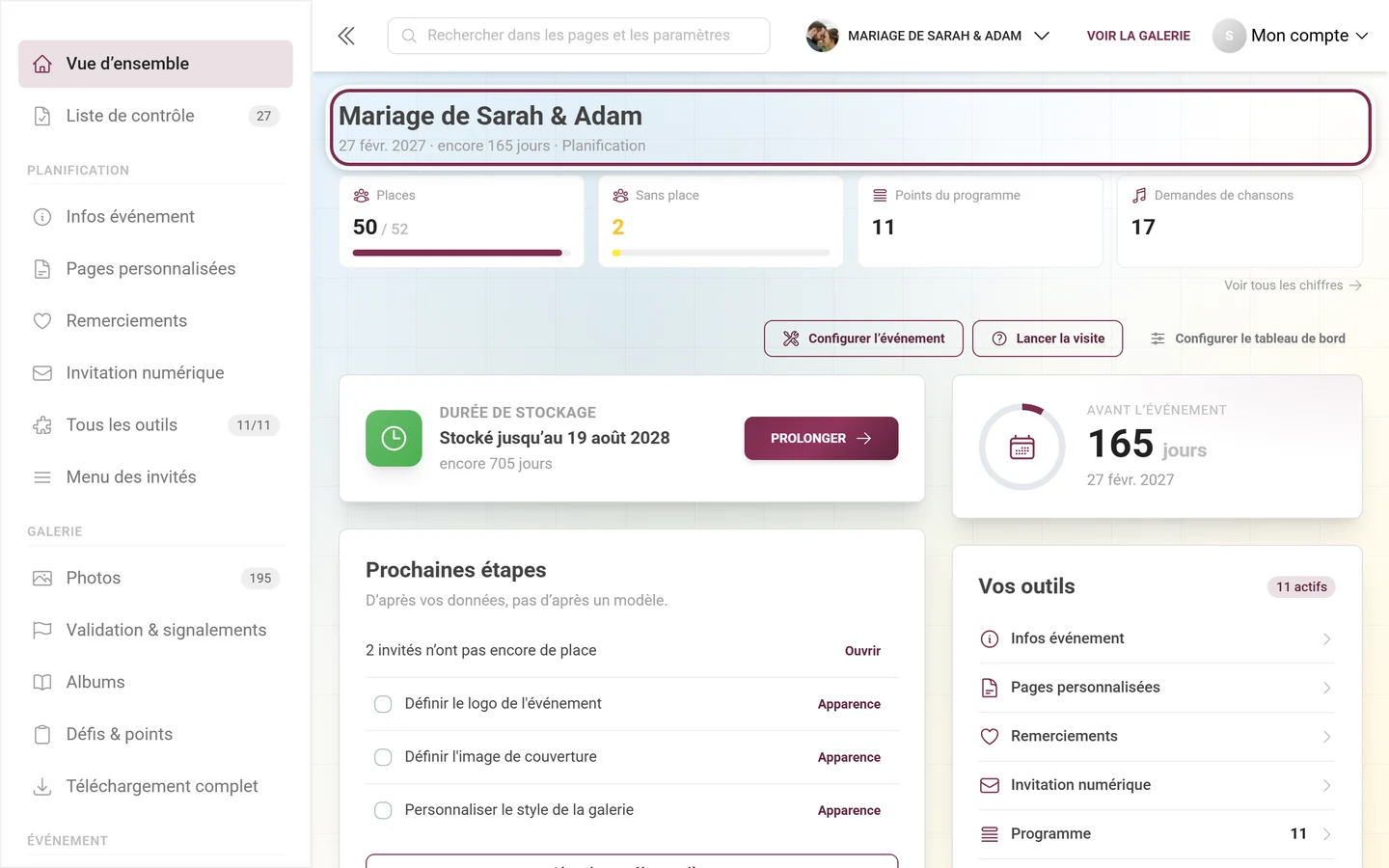 En-tête du tableau de bord avec le nom de l'événement et la ligne date, temps restant et phase
