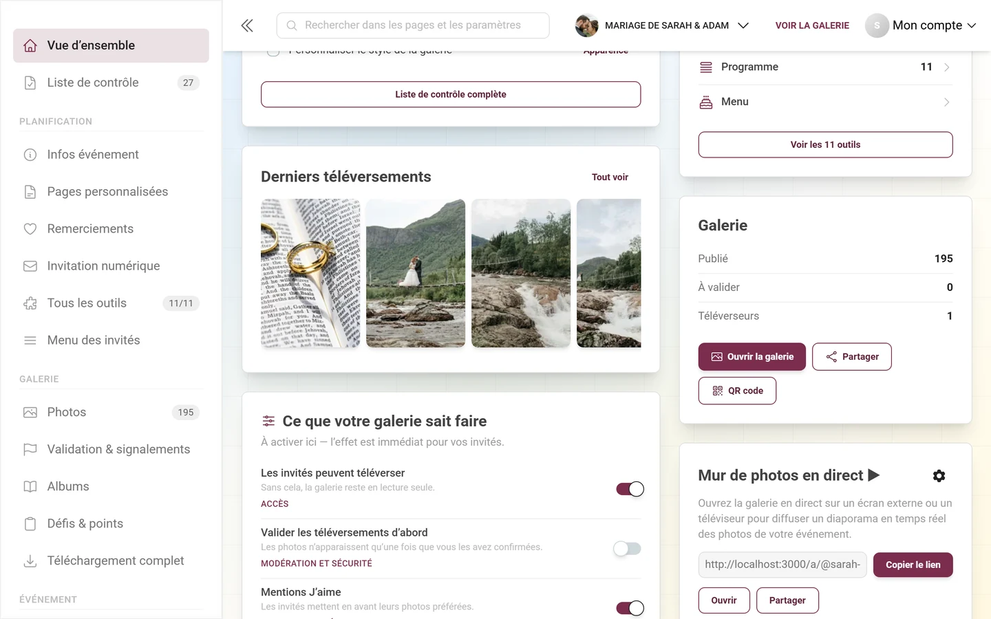 La carte « Galerie » avec les chiffres et les boutons Ouvrir la galerie, Partager, QR code