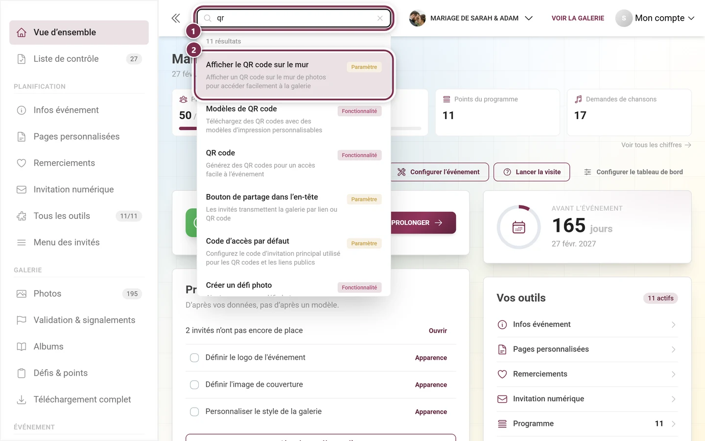 Recherche globale dans l'en-tête admin avec un mot-clé saisi et la liste de résultats ouverte