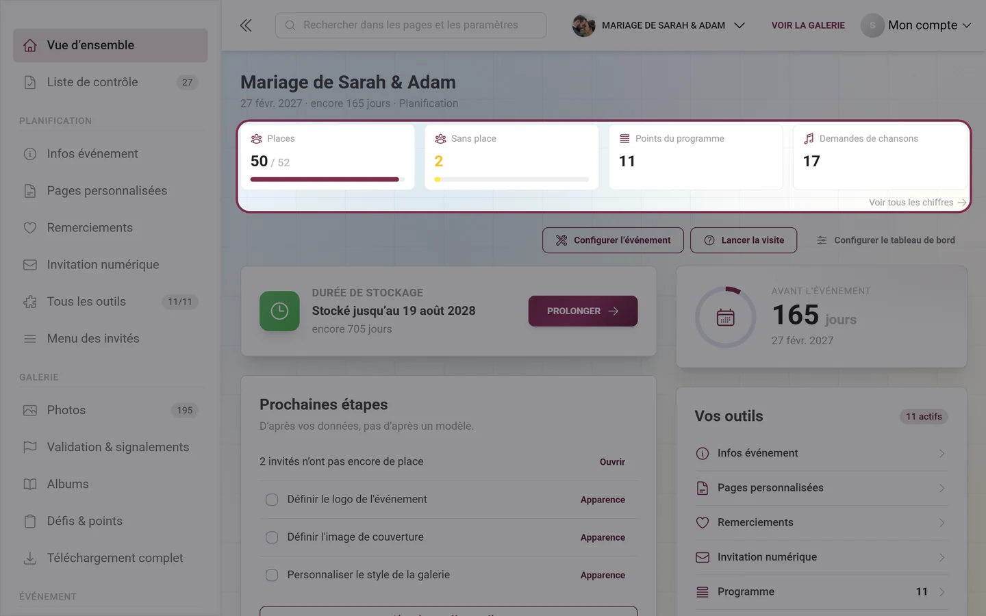 Bandeau de statistiques avec photos, invités et stockage dans le tableau de bord de l'hôte