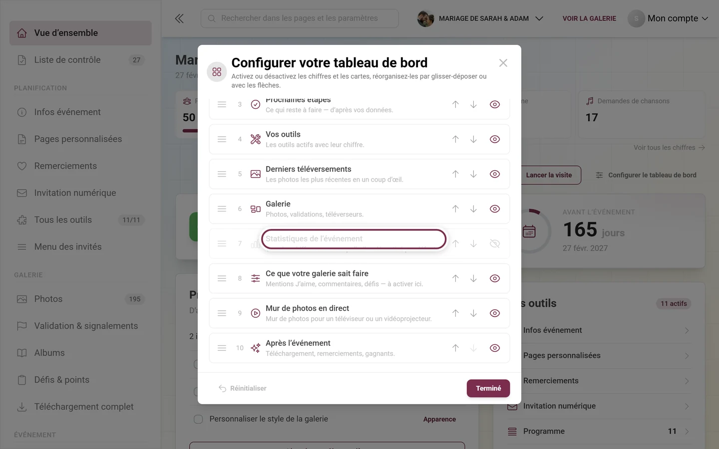 Boîte de dialogue Configurer le tableau de bord avec la carte Statistiques de l'événement mise en évidence