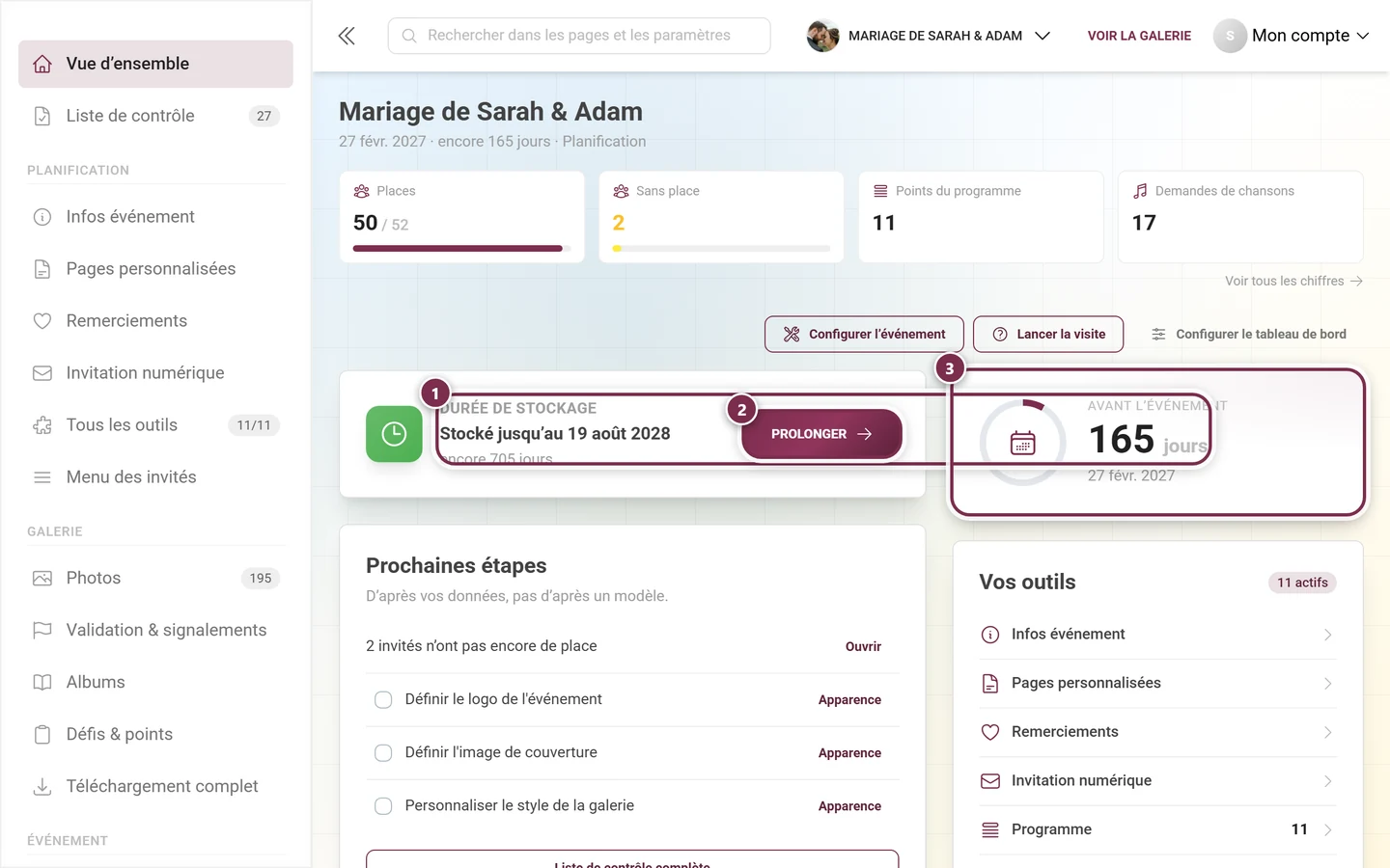 Les cartes Durée de stockage et Compte à rebours dans le tableau de bord