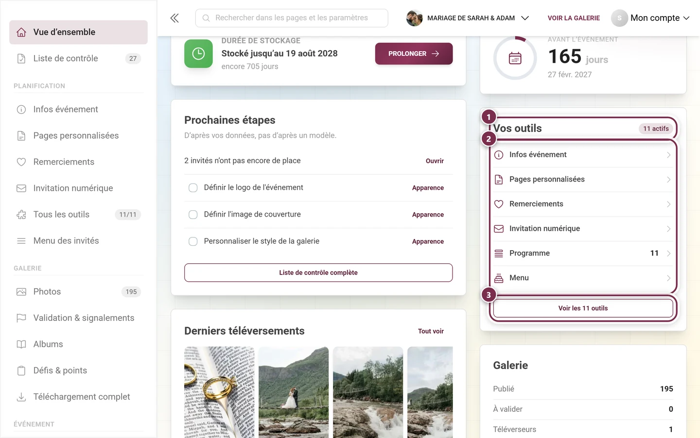 Carte du tableau de bord Vos outils avec les outils actifs et leurs chiffres