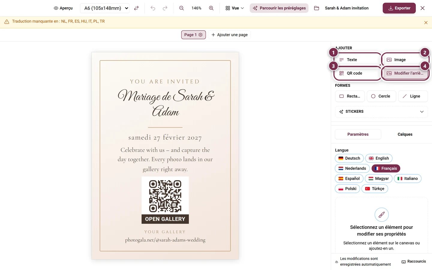 Section Ajouter dans la barre latérale droite avec les boutons Texte, Image, QR code et Arrière-plan mis en évidence