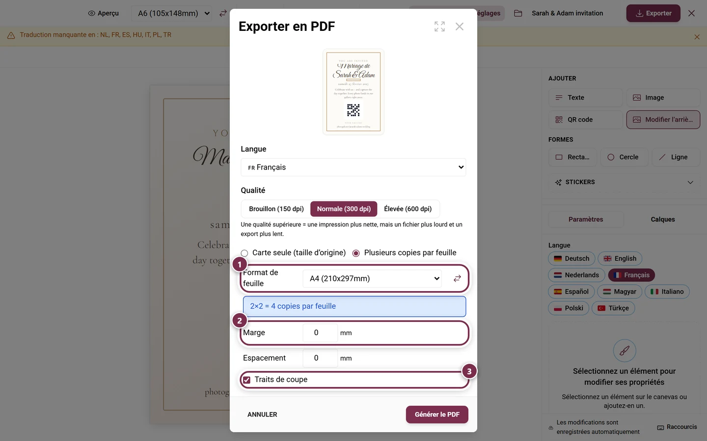 Options de feuille dans la boîte de dialogue d'export avec le format de feuille, la marge et les traits de coupe mis en évidence