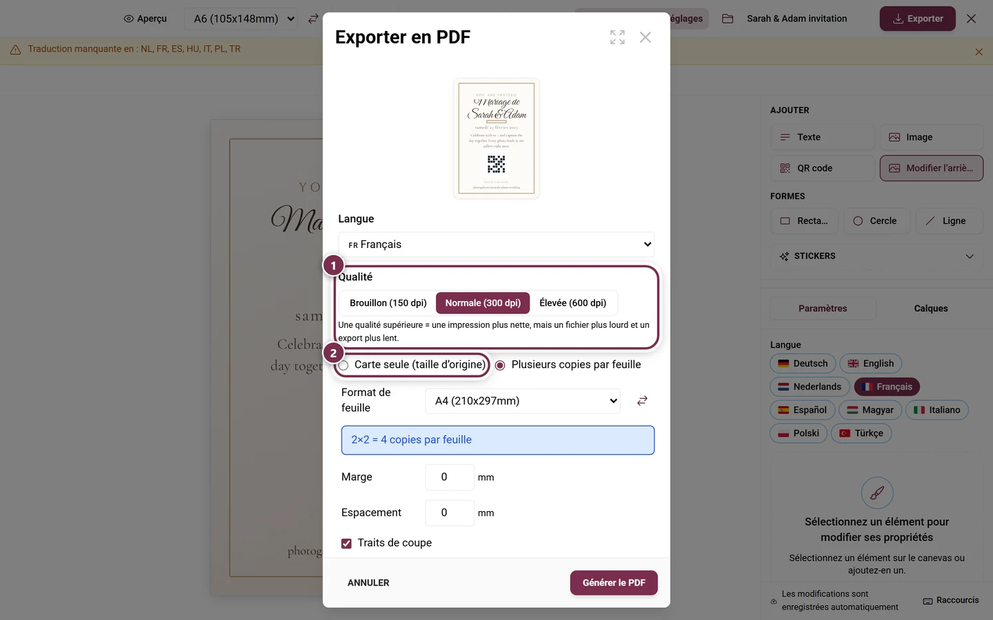 Boîte de dialogue d'export du Design Studio avec le choix de la qualité et le choix de la mise en page mis en évidence