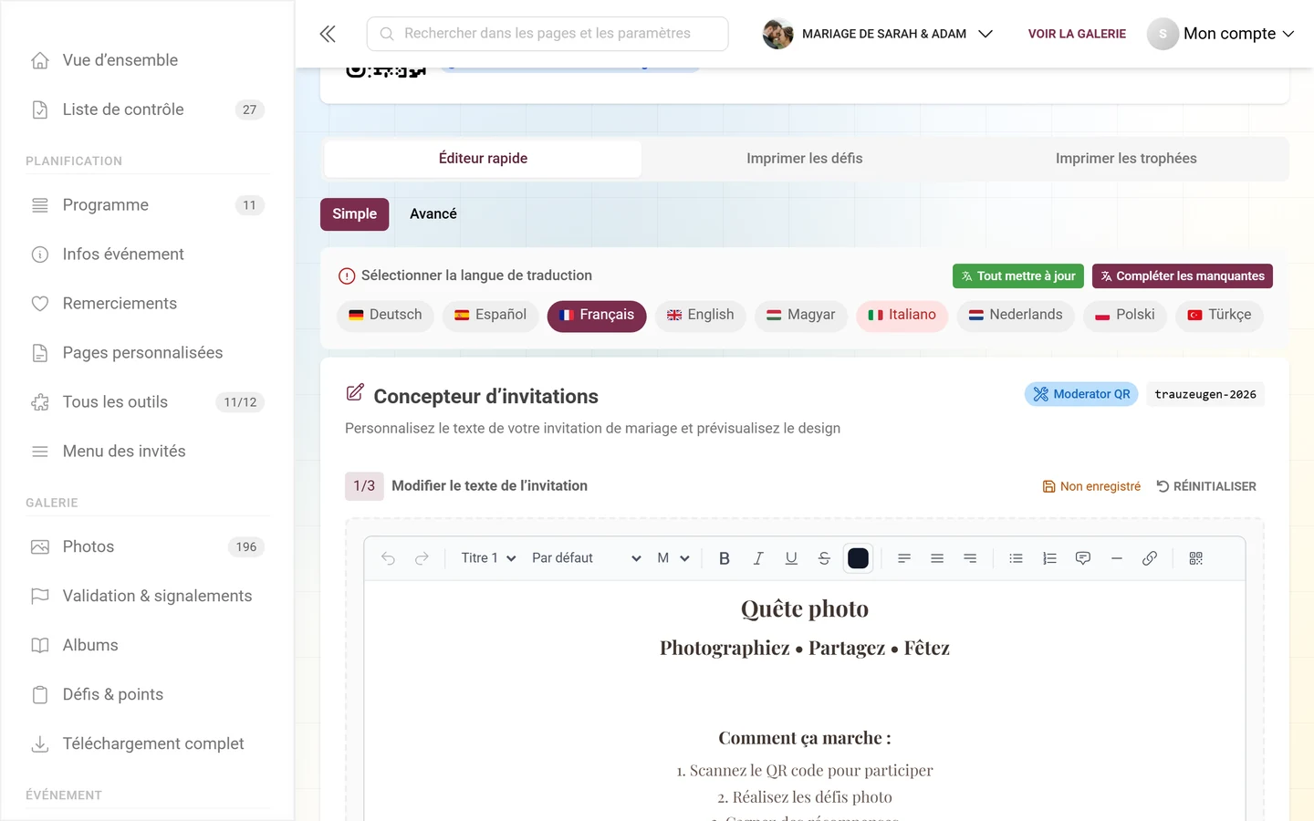 Éditeur rapide de modèles avec sa barre d'outils pour ajouter du texte et concevoir l'invitation