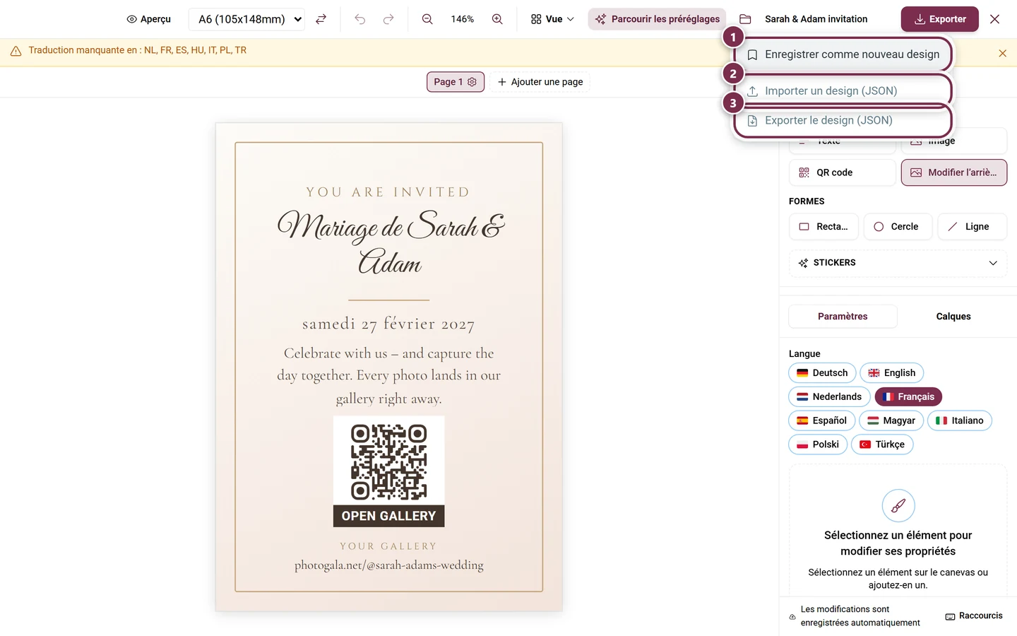Menu Fichier ouvert avec Enregistrer comme nouveau design, Importer un design et Exporter le design
