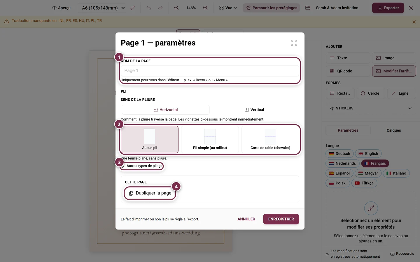 Boîte de dialogue Page 1 - Paramètres avec le nom de la page et les trois types de pliage