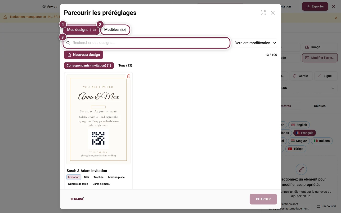 Navigateur de designs avec les zones Mes designs et Modèles