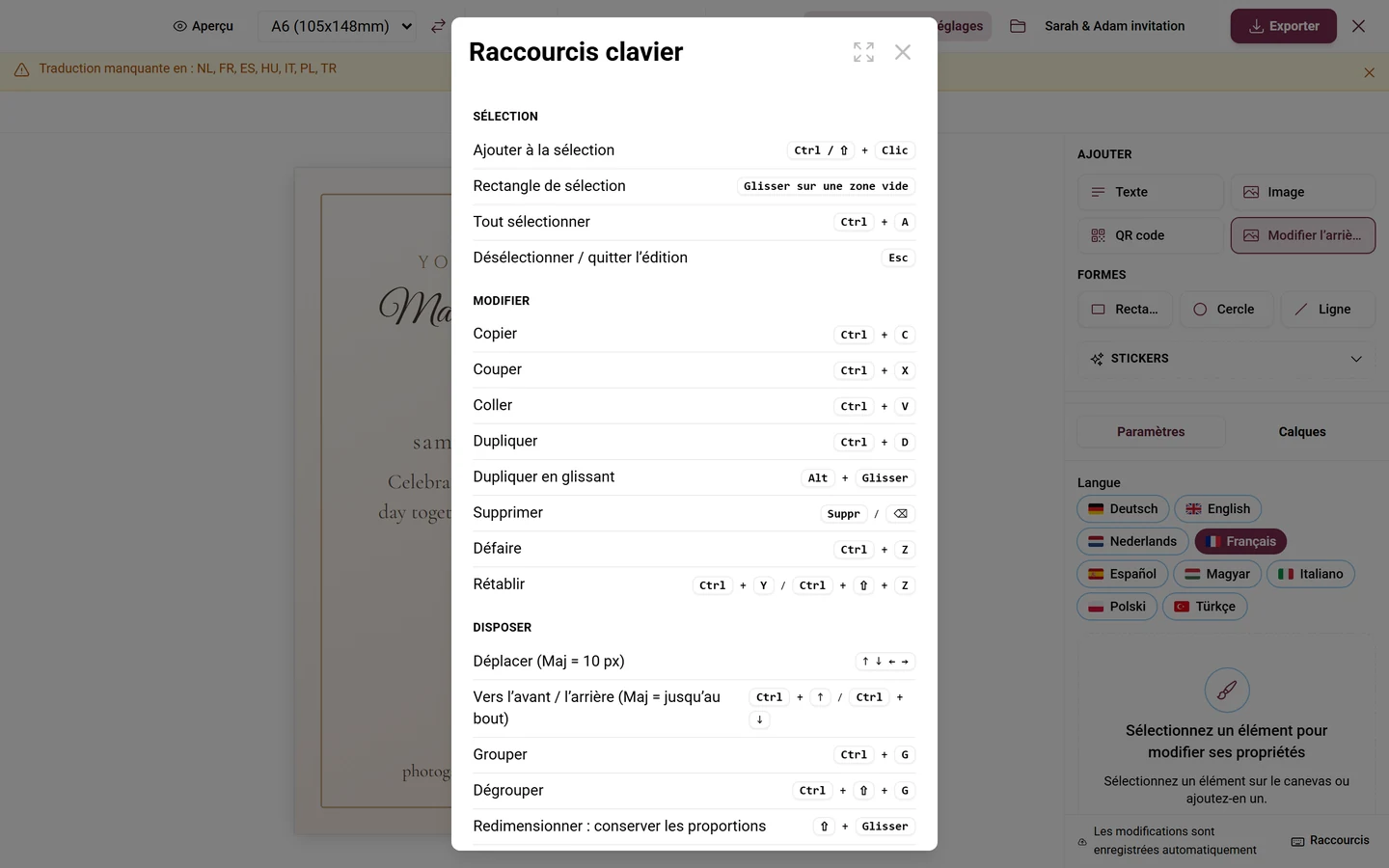 Boîte de dialogue Raccourcis clavier avec les sections Sélection, Modifier, Disposer, Vue et Transformer