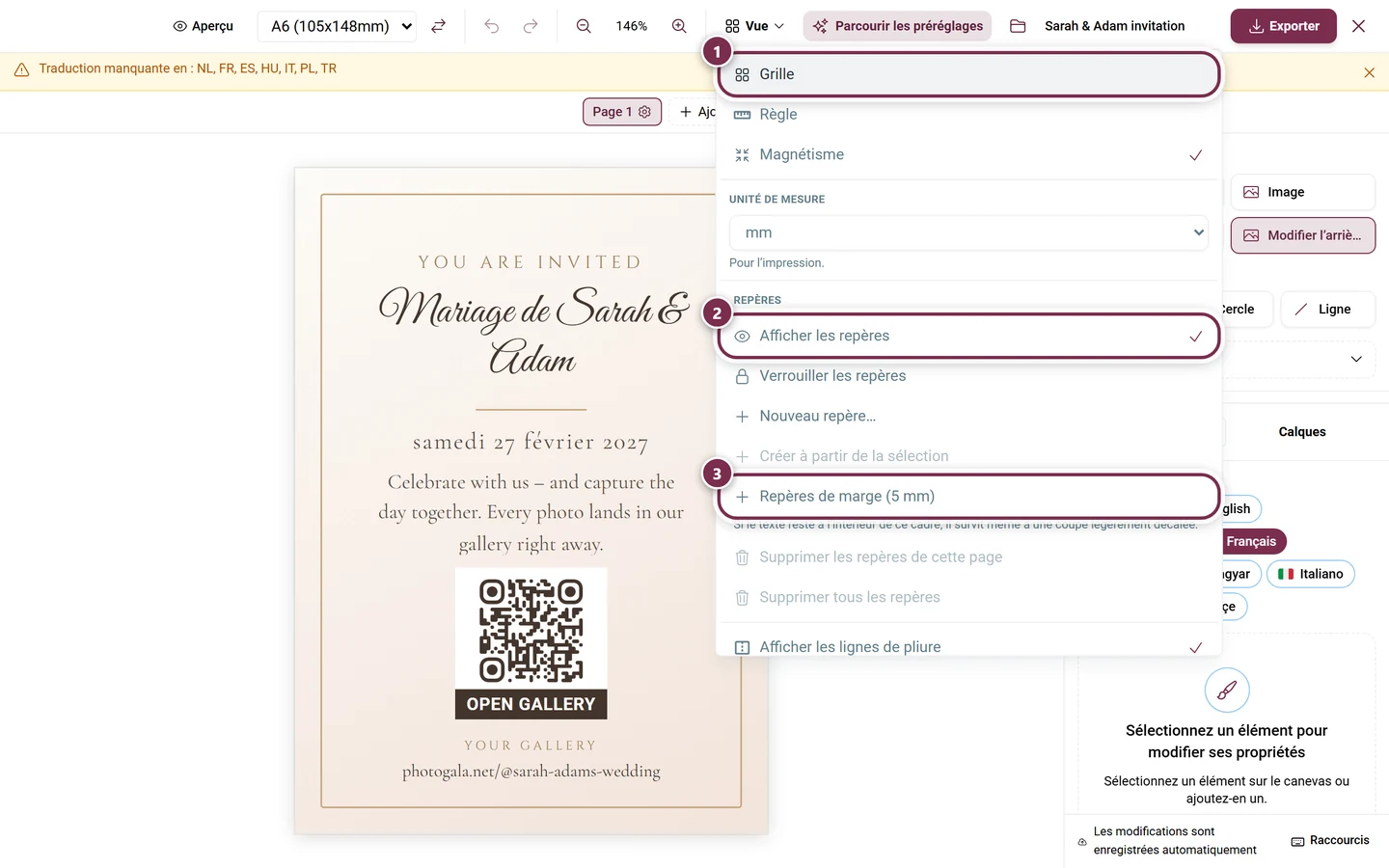 Menu Vue ouvert avec grille, règle, magnétisme, unité de mesure et toutes les options de repères