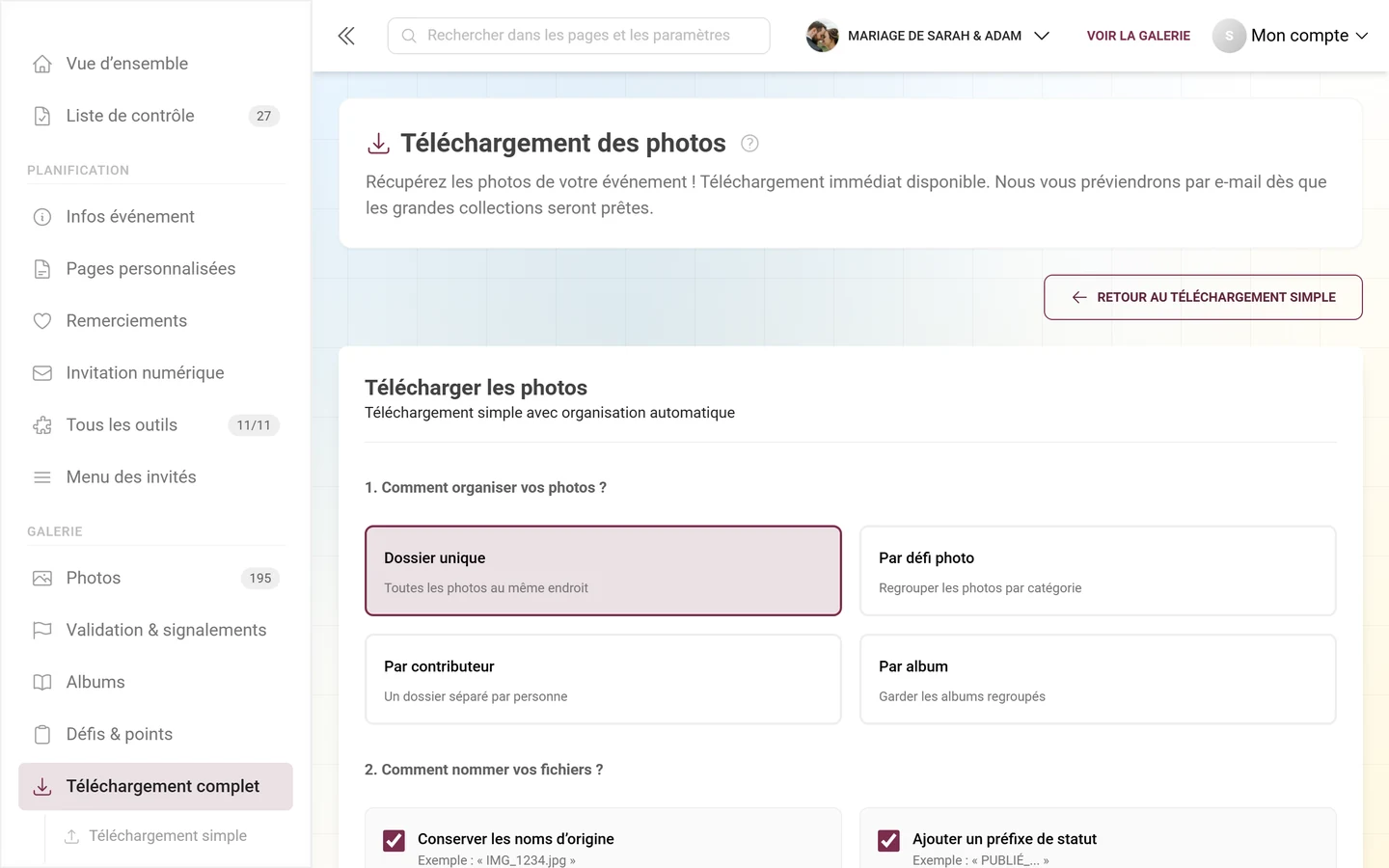 Téléchargement avancé avec structure des dossiers, filtres et sélection pour l'export ZIP