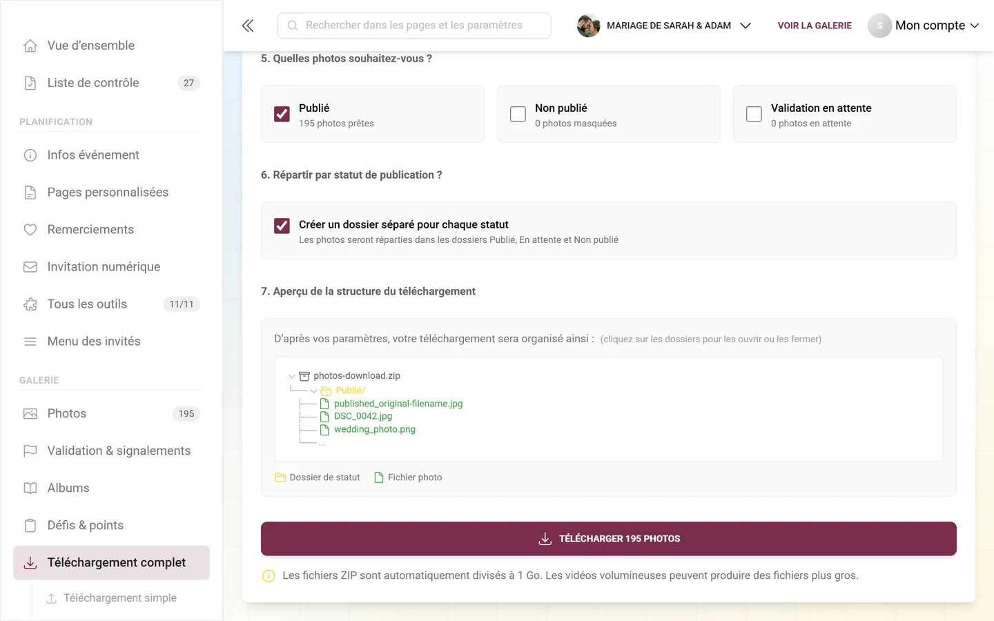 Étape 7 avec l'arborescence de l'archive ZIP et le bouton de téléchargement