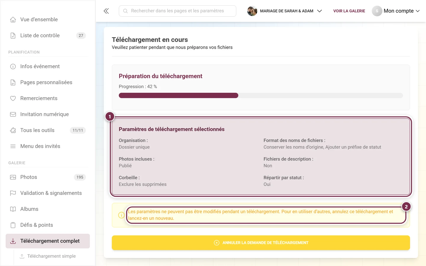 Résumé des paramètres de téléchargement sélectionnés et l'avertissement jaune de verrouillage, les deux mis en évidence