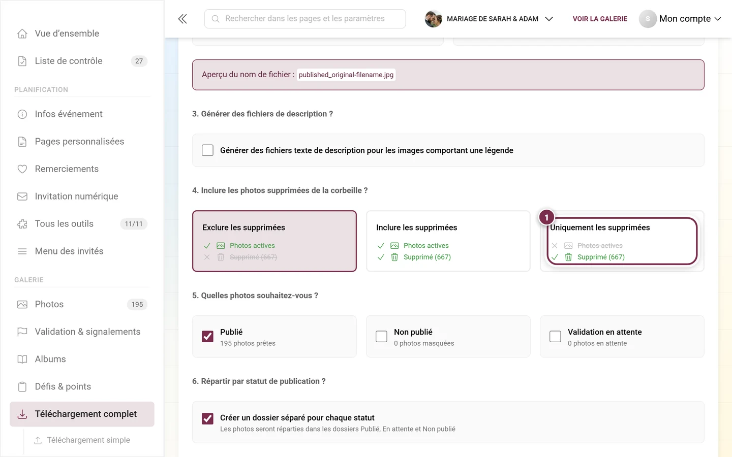 Carte d'option Uniquement les supprimées à la quatrième étape du téléchargement avancé, mise en évidence
