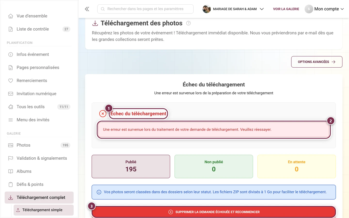Écran d'erreur avec le titre Échec du téléchargement, le message d'erreur et le bouton rouge de redémarrage, tous mis en évidence