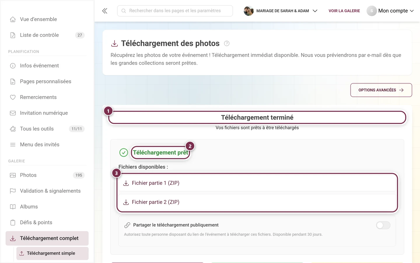 Écran de résultat avec le titre Téléchargement terminé, la mention verte Téléchargement prêt et deux parties ZIP, tous mis en évidence