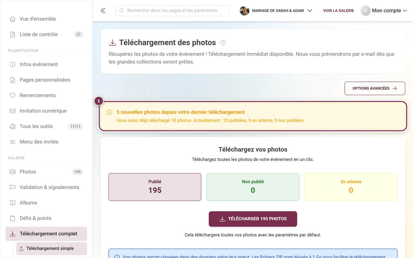 Bannière jaune signalant de nouvelles photos depuis le dernier téléchargement, mise en évidence