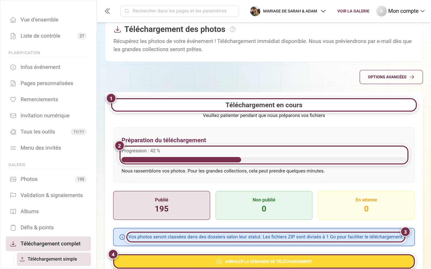Écran de progression du téléchargement avec barre, ligne d'information et bouton d'annulation, tous mis en évidence