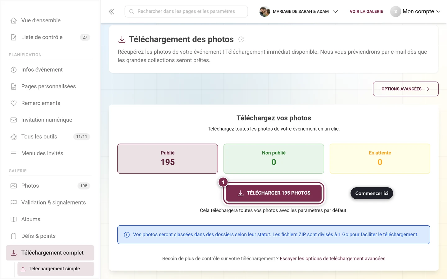 Le bouton de téléchargement indiquant le nombre de photos, mis en évidence