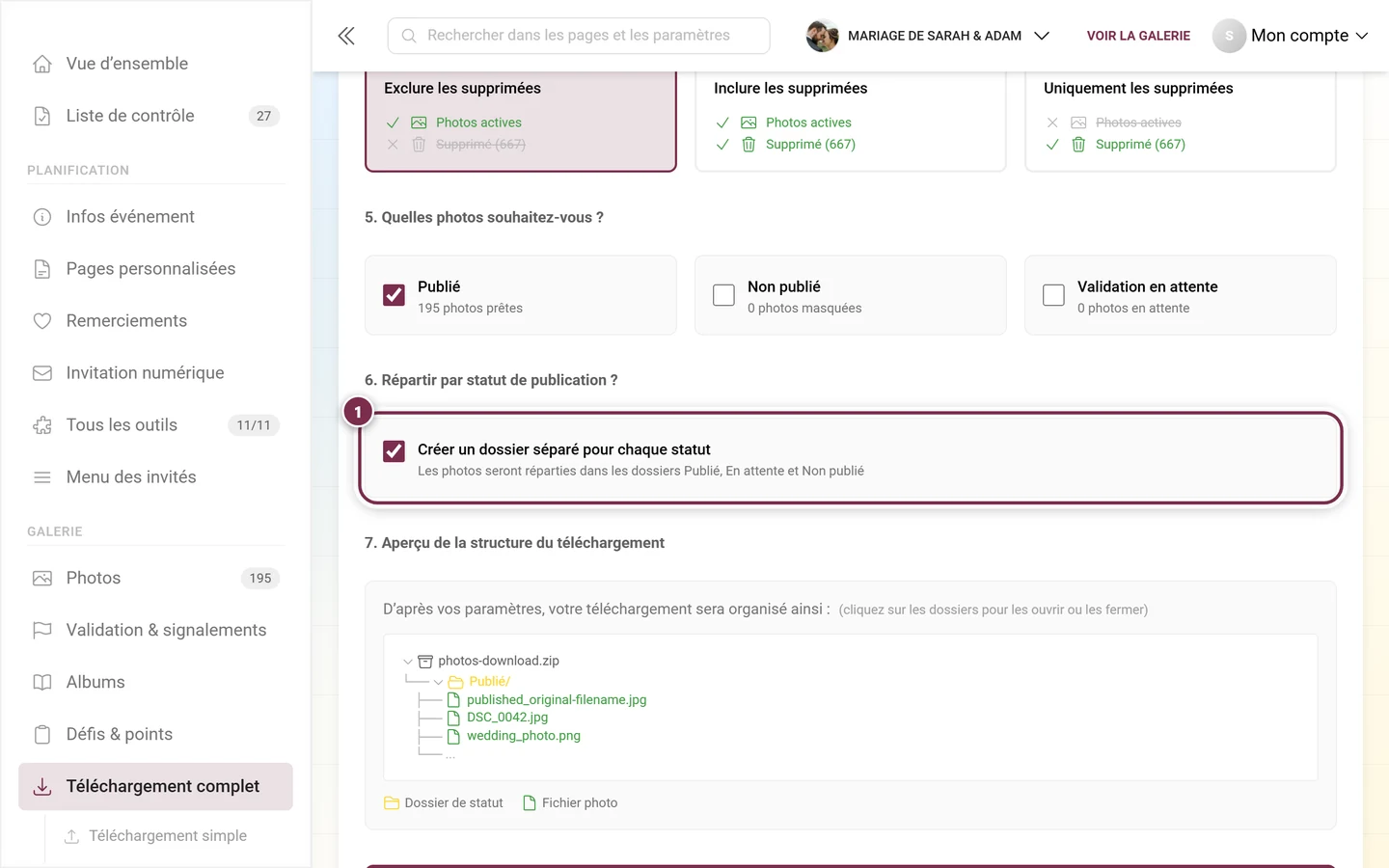 Étape 6 avec la case pour la répartition par statut et l'aperçu de la structure des dossiers, mis en évidence
