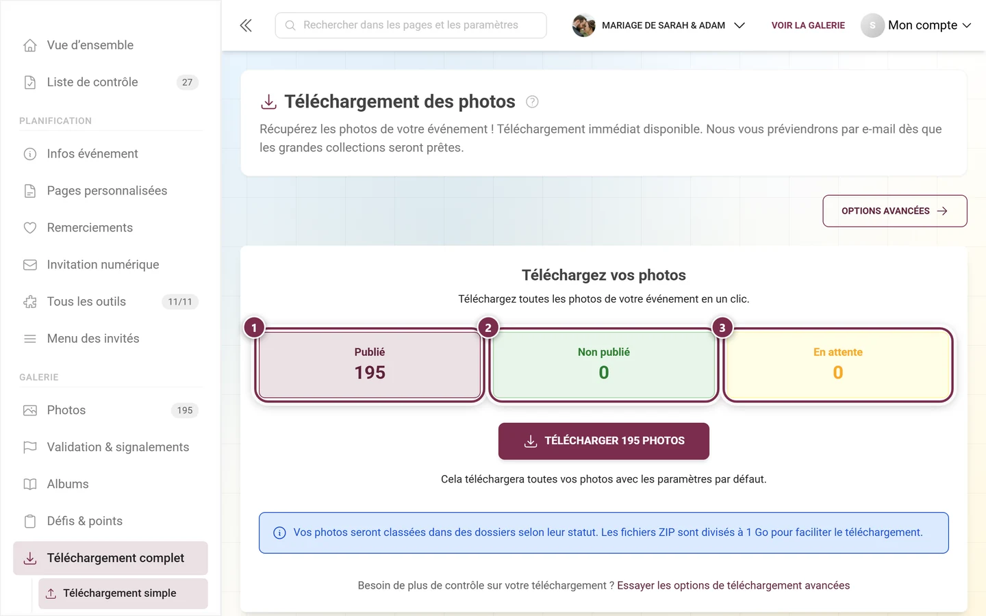 Les trois tuiles statistiques du téléchargement simple, toutes les trois mises en évidence