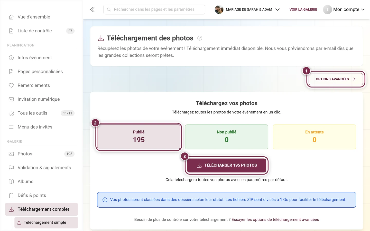 Page de téléchargement dans l'espace d'administration, avec le bouton Options avancées, la tuile Publié et le bouton de téléchargement mis en évidence