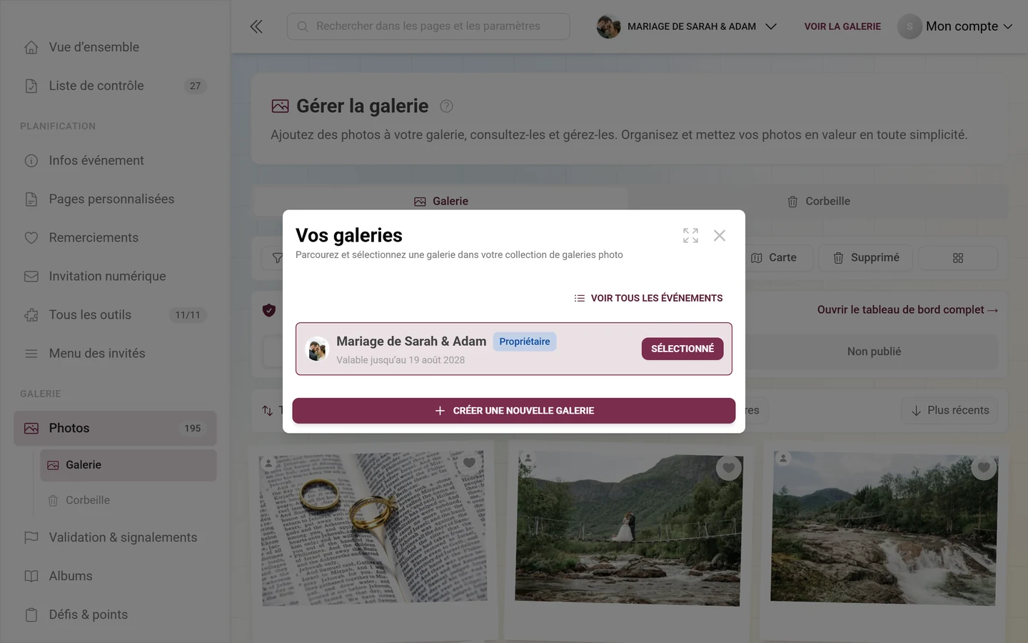 Boîte de dialogue Vos galeries avec une galerie, un badge de rôle Propriétaire et le bouton Créer une nouvelle galerie