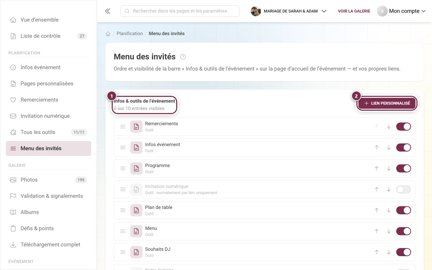 Éditeur du menu des invités avec titre, compteur, le bouton Lien personnalisé et la liste triable