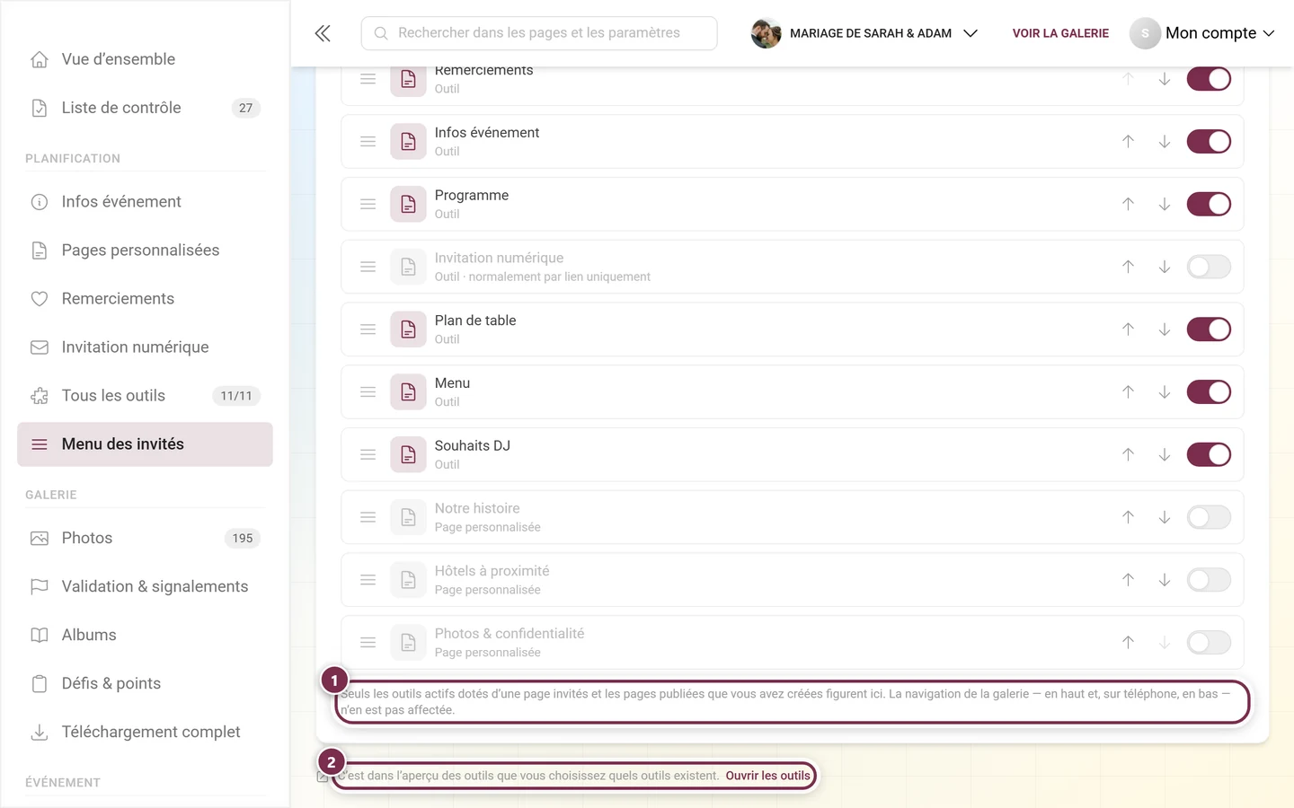 Bas de page avec la note explicative sous la liste et le renvoi vers l'aperçu des outils
