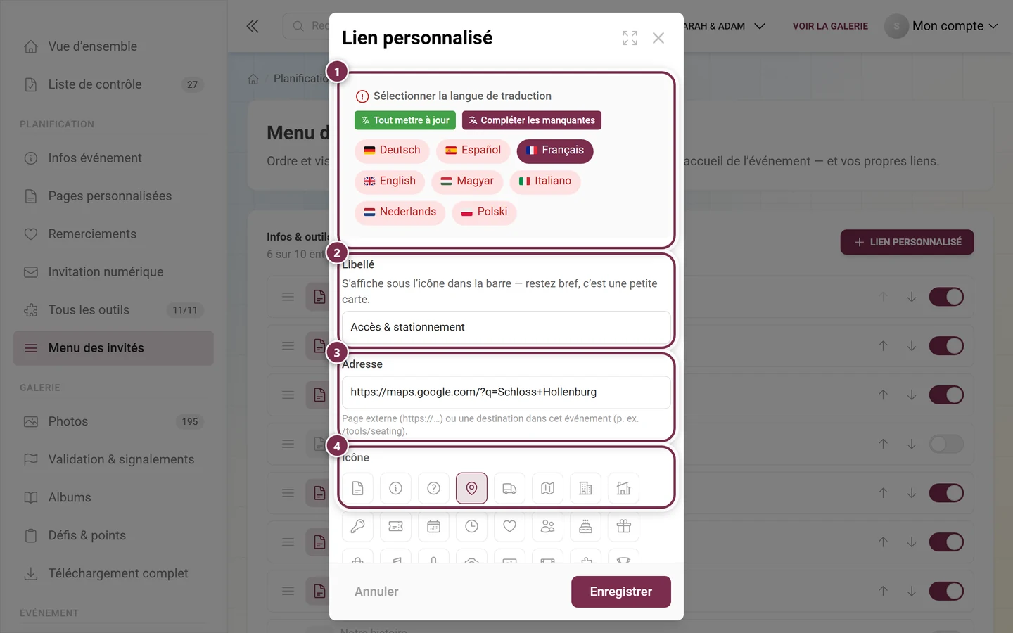 Boîte de dialogue Lien personnalisé avec langue de traduction, libellé, adresse et sélecteur de symbole