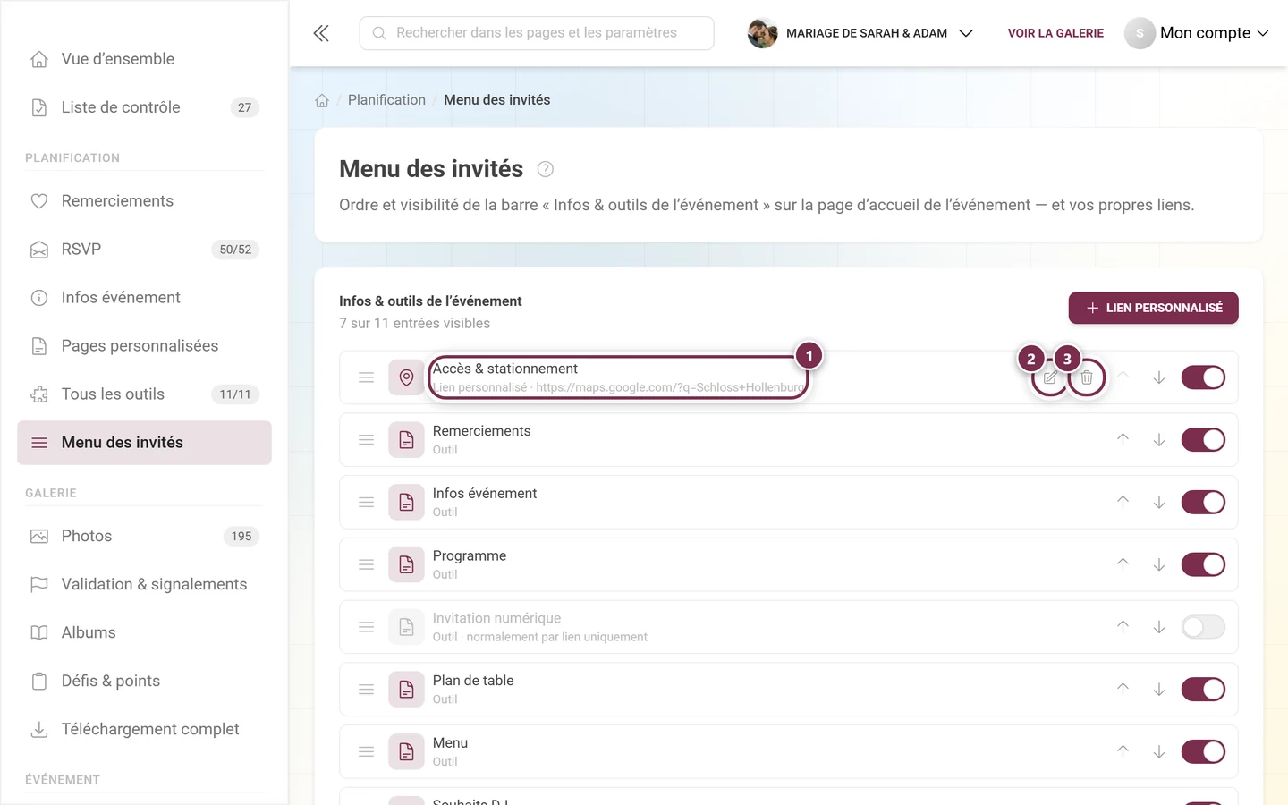 Ligne d'un lien personnalisé avec son adresse, le crayon et la corbeille