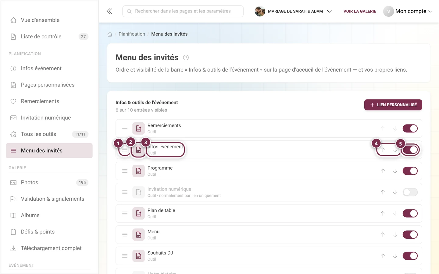 Une ligne du menu des invités avec poignée, symbole, libellé, flèches et interrupteur