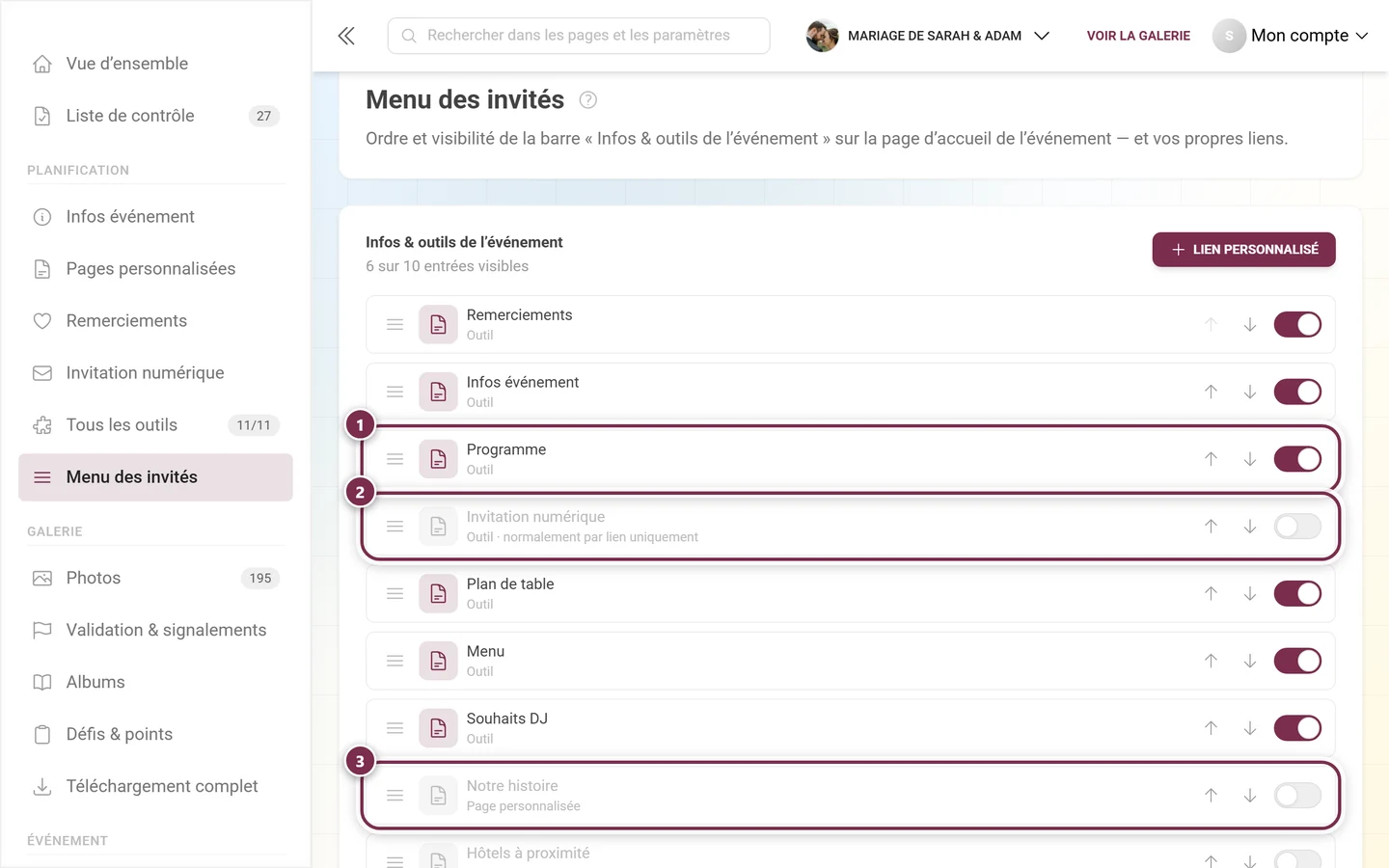 Trois lignes du menu des invités montrant les types Outil, outil uniquement par lien et Page personnalisée