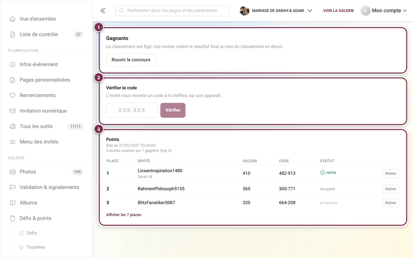 Page des gagnants avec le bloc Gagnants, le champ Vérifier le code et le tableau de score Points