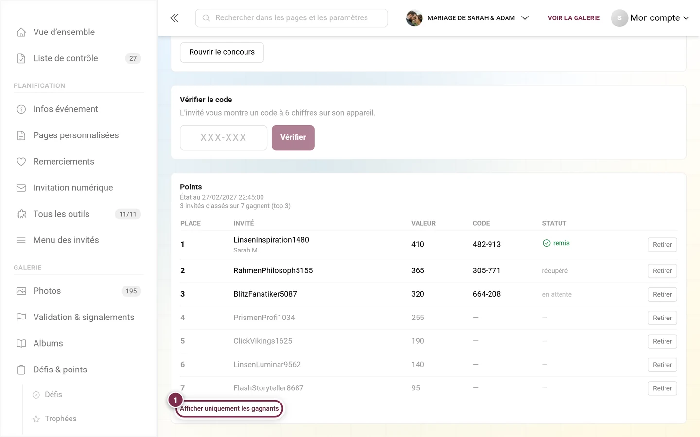Tableau des gagnants avec les sept places, les places quatre à sept sans code