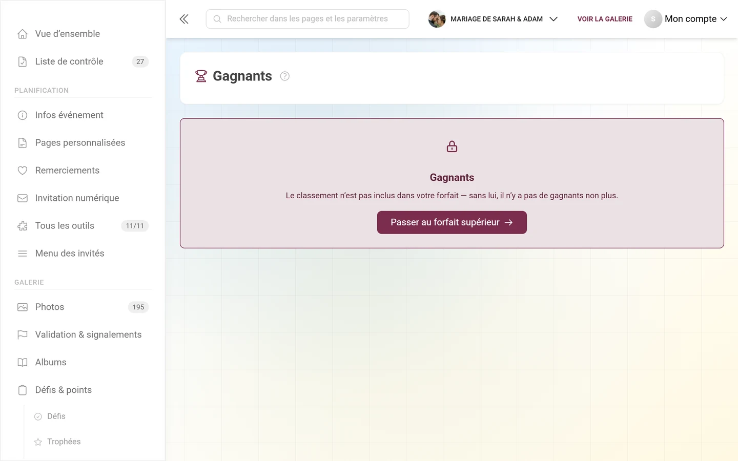 Page des gagnants verrouillée avec un cadenas et le bouton Mettre à niveau